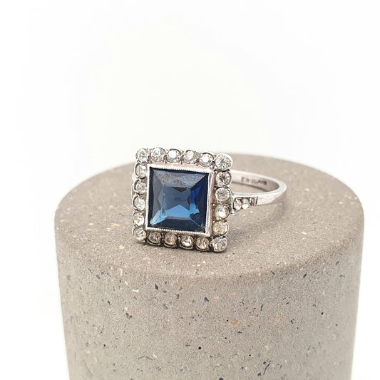 Antique Sterling Silver Sapphire Paste Ring SCP Ciro Diamond Pastes Square Signet Art Deco 1920s Vintage Ladies Womens Jewelry Jewellery