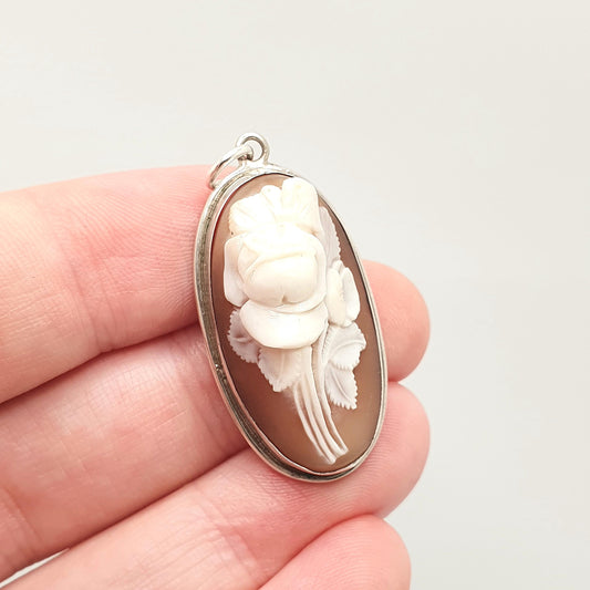 Antique Flower Cameo Solid Silver Pendant Necklace Hand Carved Shell High Relief Rare Vintage Unique Italian Jewelry Womens Jewellery