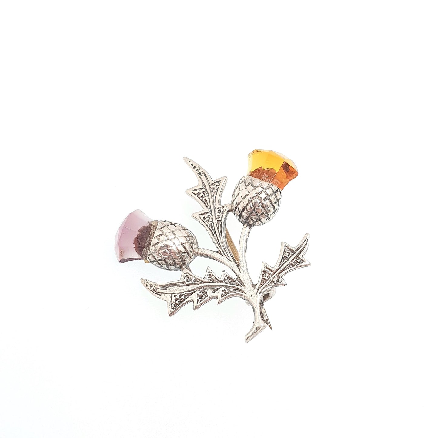 Old Vintage Sterling Silver Citrine Amethyst Thistle Paste Brooch Pin Scottish Flower 1961 Genuine Gemstone Celtic Gaelic Jewelry Jewellery