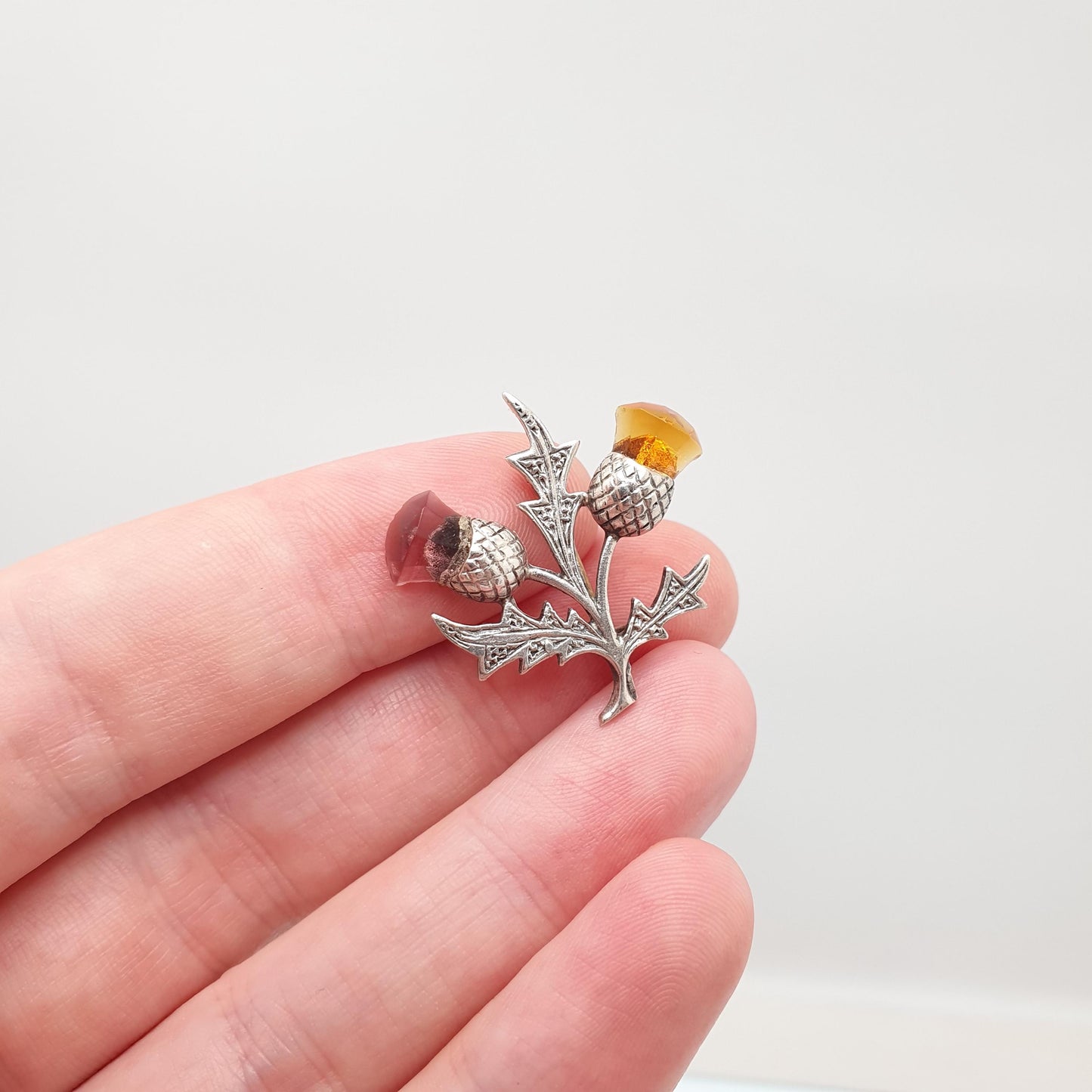 Old Vintage Sterling Silver Citrine Amethyst Thistle Paste Brooch Pin Scottish Flower 1961 Genuine Gemstone Celtic Gaelic Jewelry Jewellery