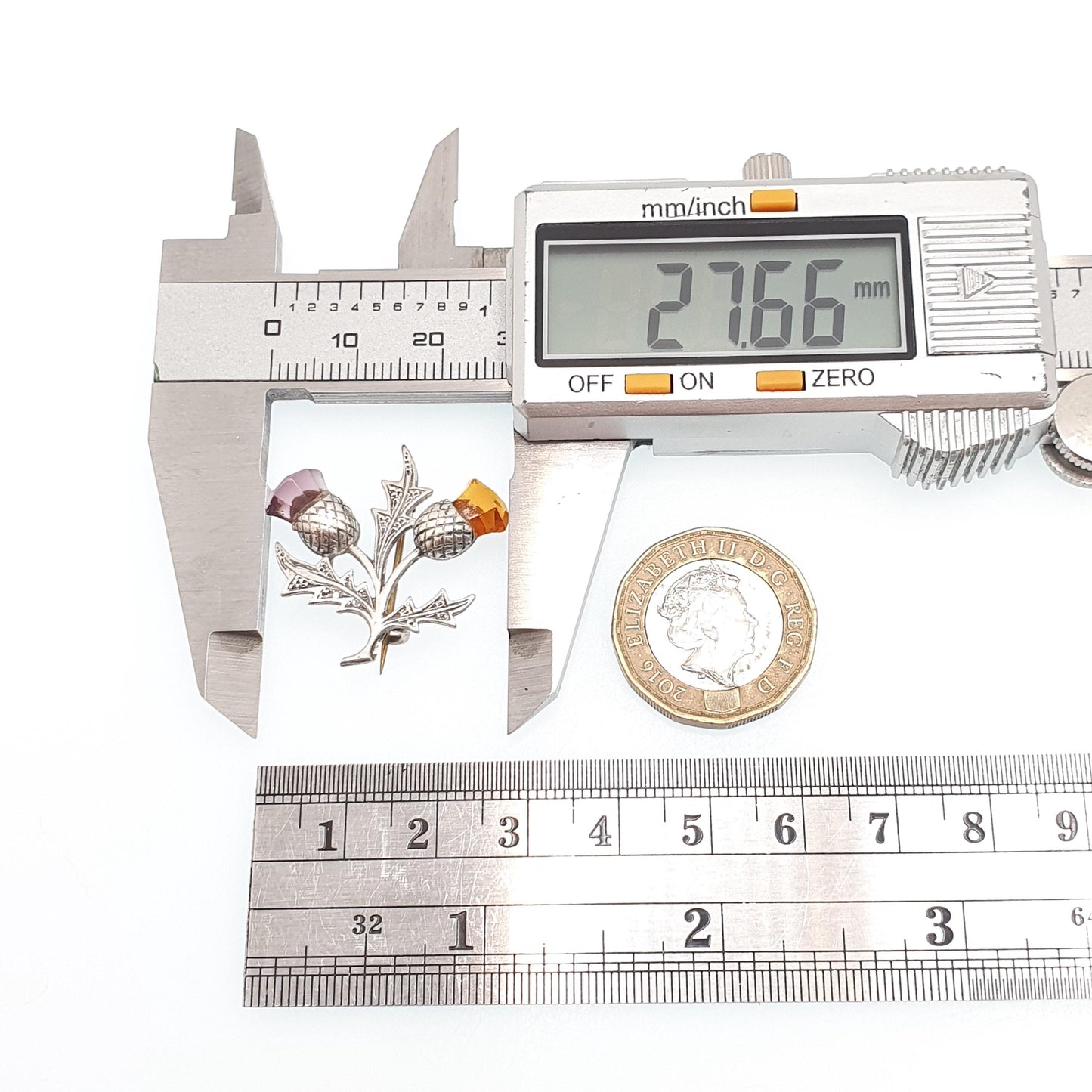 Old Vintage Sterling Silver Citrine Amethyst Thistle Paste Brooch Pin Scottish Flower 1961 Genuine Gemstone Celtic Gaelic Jewelry Jewellery