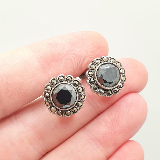 Antique Art Deco Solid Silver Hematite Earrings Marcasite Screw Back Cluster Sparkly Vintage Gemstone 1920s Womens Ladies Jewelry Jewellery