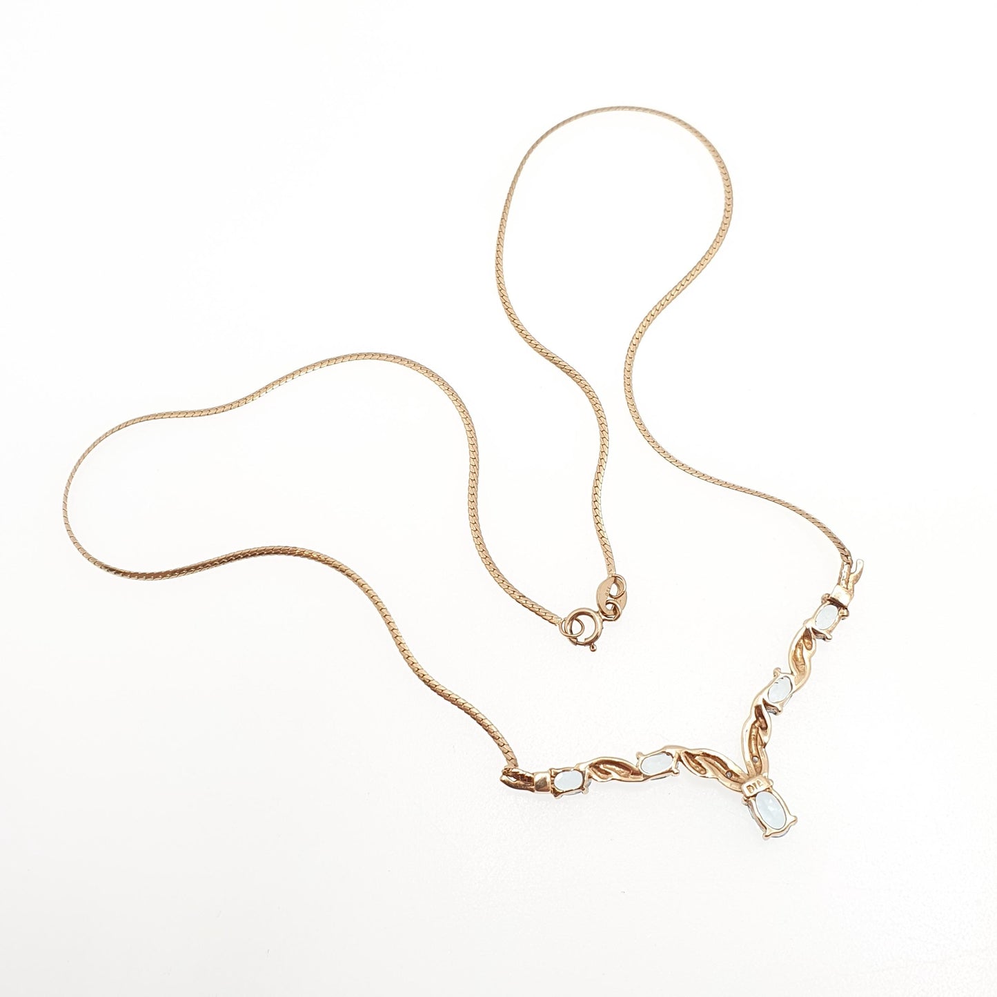 Vintage 9k Gold Aquamarine Topaz & Diamond V Pointed Necklace Sky Blue Topaz 4.25g 42cm 16.5" Solid 9ct 9kt Yellow Womens Jewellery Jewelry