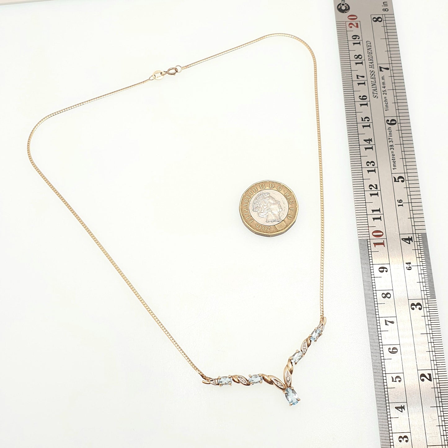 Vintage 9k Gold Aquamarine Topaz & Diamond V Pointed Necklace Sky Blue Topaz 4.25g 42cm 16.5" Solid 9ct 9kt Yellow Womens Jewellery Jewelry