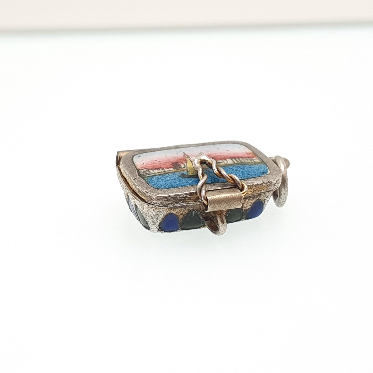Antique Moses Basket Charm Pendant Locket Enamel Sphynx Egyptian Revival Necklace Art Deco 1900s Gold Gilt Vintage Jewelry Jewellery