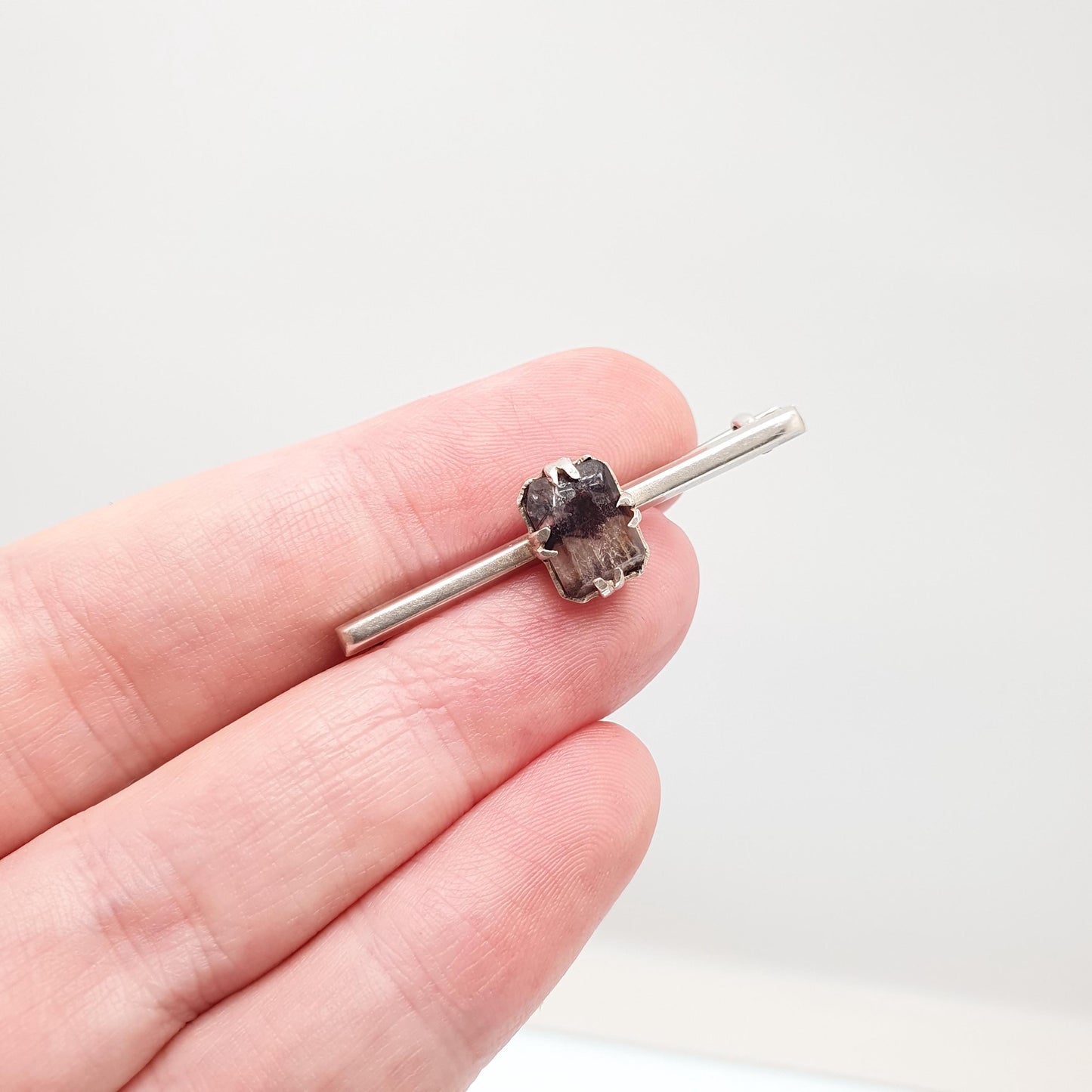 Antique Blue John Sterling Silver Brooch Bar Pin Very Rare Rectangular Cut Genuine Real Bleu Jaune Vintage Womens Jewelry Jewellery