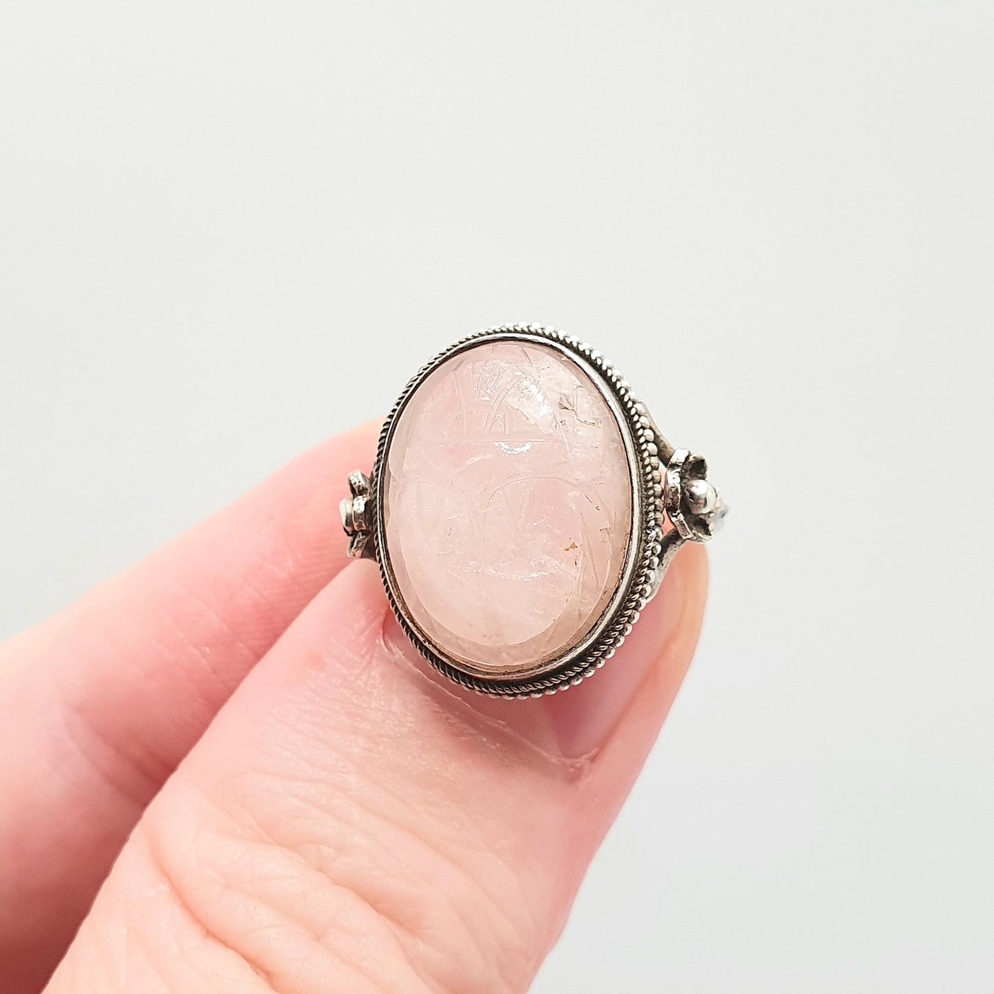 Vintage Solid Silver Scarab Beetle Ring Rose Quartz Gemstone Egyptian Art Deco Revival Large Big Egypt Insect Animal Bug Jewelry Jewellery