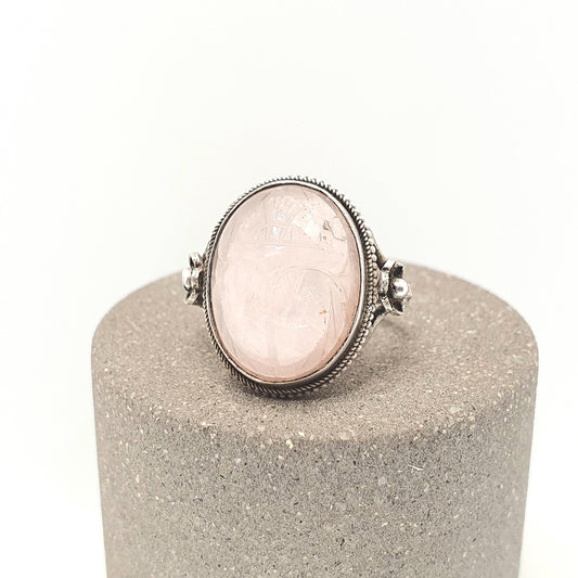 Vintage Solid Silver Scarab Beetle Ring Rose Quartz Gemstone Egyptian Art Deco Revival Large Big Egypt Insect Animal Bug Jewelry Jewellery