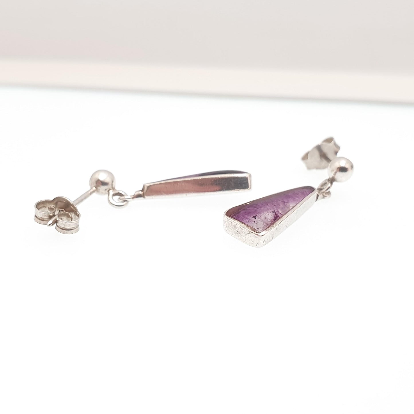 Vintage Sterling Silver Blue John Earrings Stud Hanging Triangle Drop Cabochon Bleu Jaune Womens 925 Gemstone Retro Jewelry Jewellery