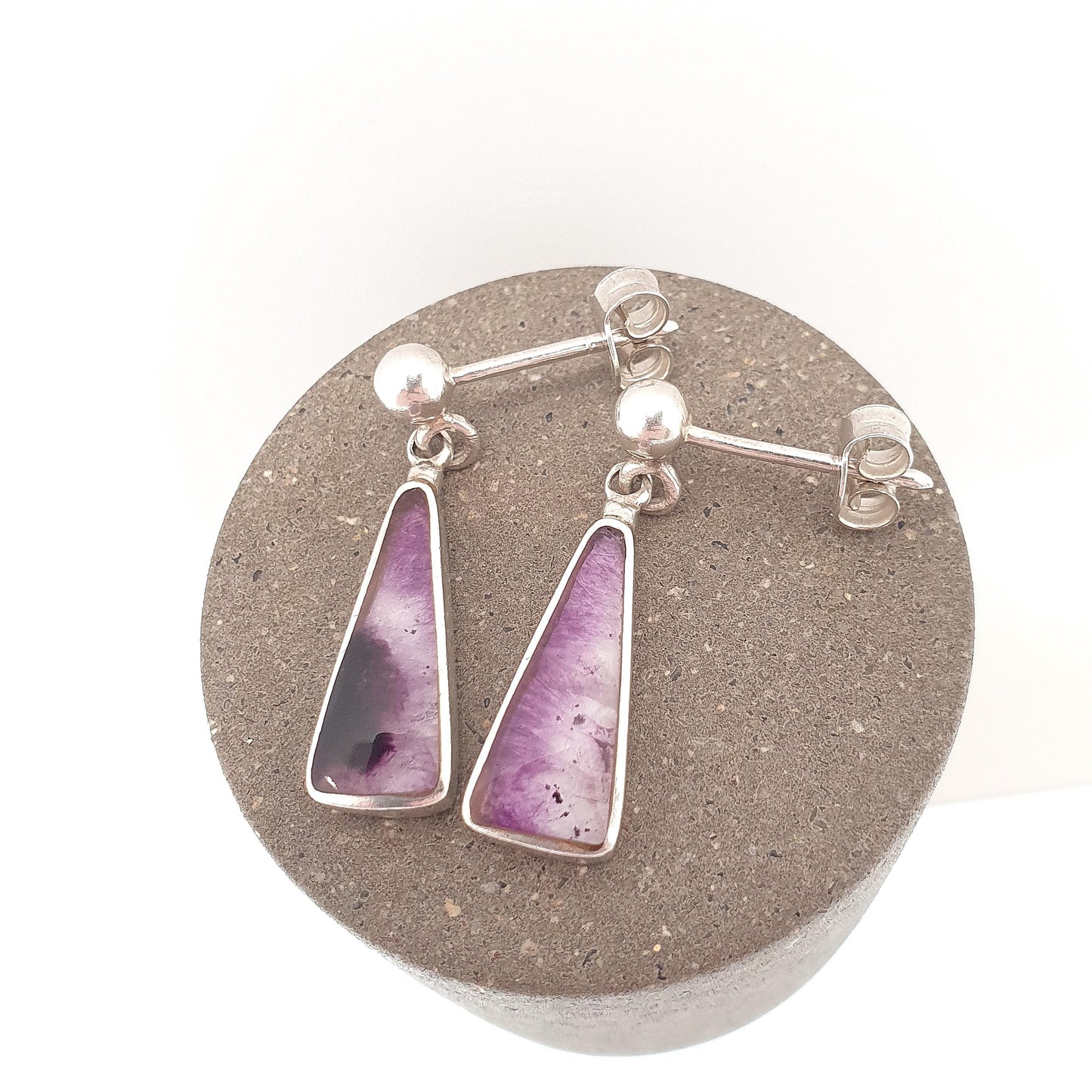 Vintage Sterling Silver Blue John Earrings Stud Hanging Triangle Drop Cabochon Bleu Jaune Womens 925 Gemstone Retro Jewelry Jewellery