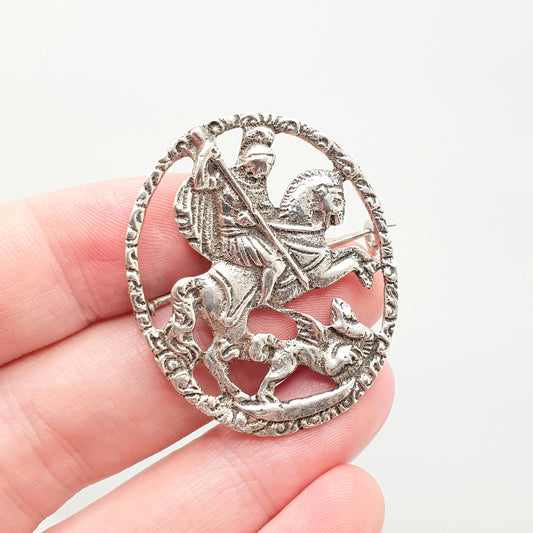 Antique George & Dragon Solid Silver Brooch Early Victorian Possibly Georgian St George Horse Knight Rare Unique Jewelry Womens Jewellery