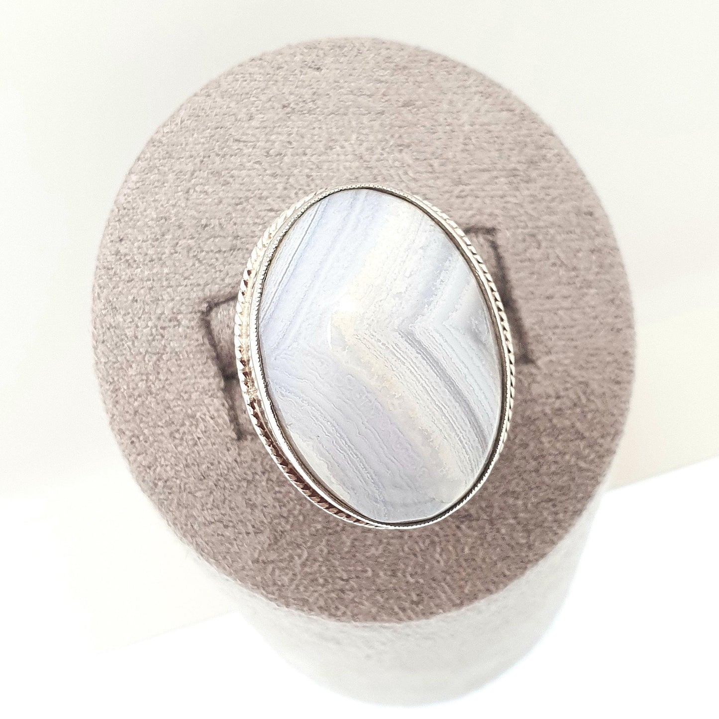 Old Vintage Sterling Silver Montrose Lace Agate Ring Huge Big Large Oval Cabochon Natural Gemstone Chunky 925 Womens Jewelry Jewellery