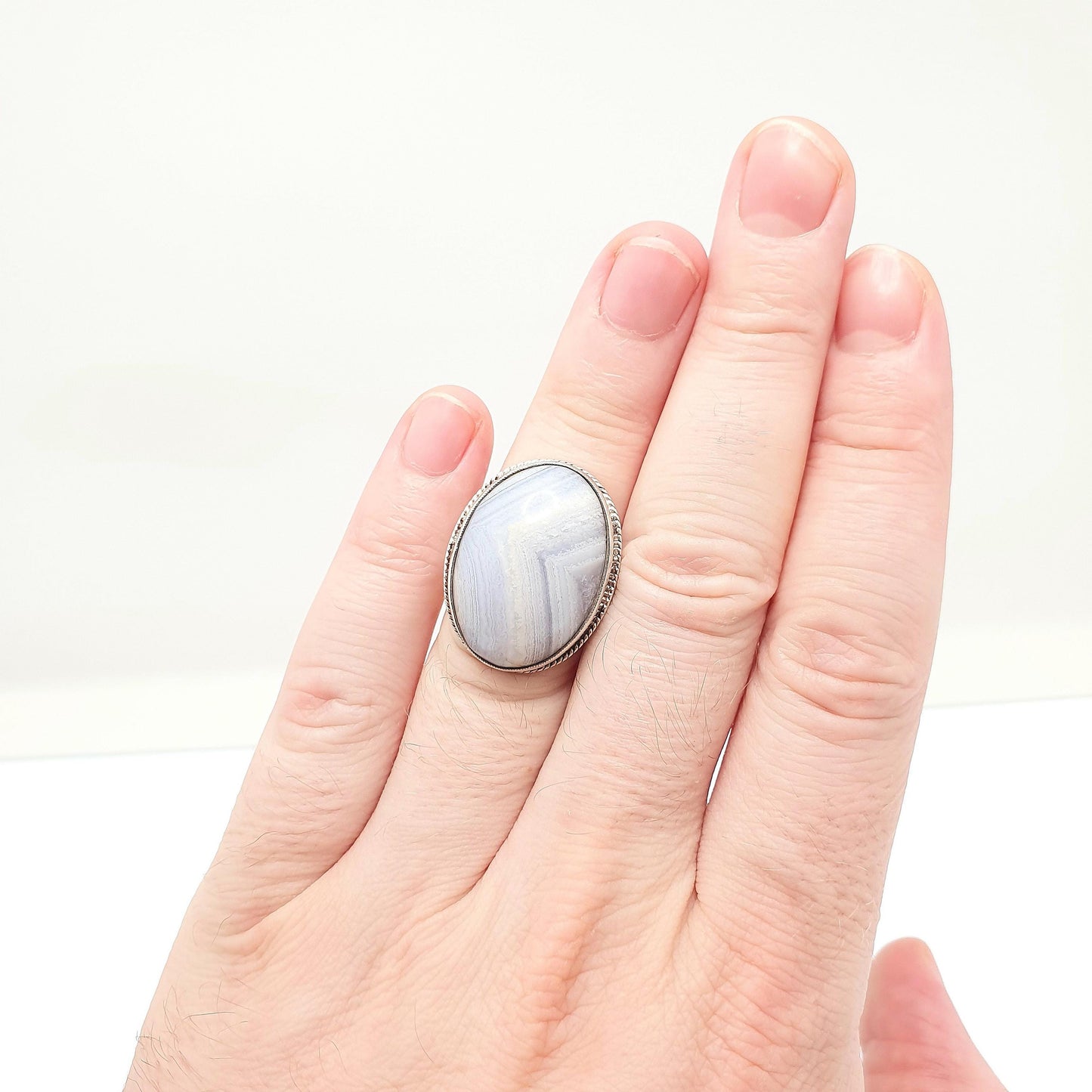 Old Vintage Sterling Silver Montrose Lace Agate Ring Huge Big Large Oval Cabochon Natural Gemstone Chunky 925 Womens Jewelry Jewellery