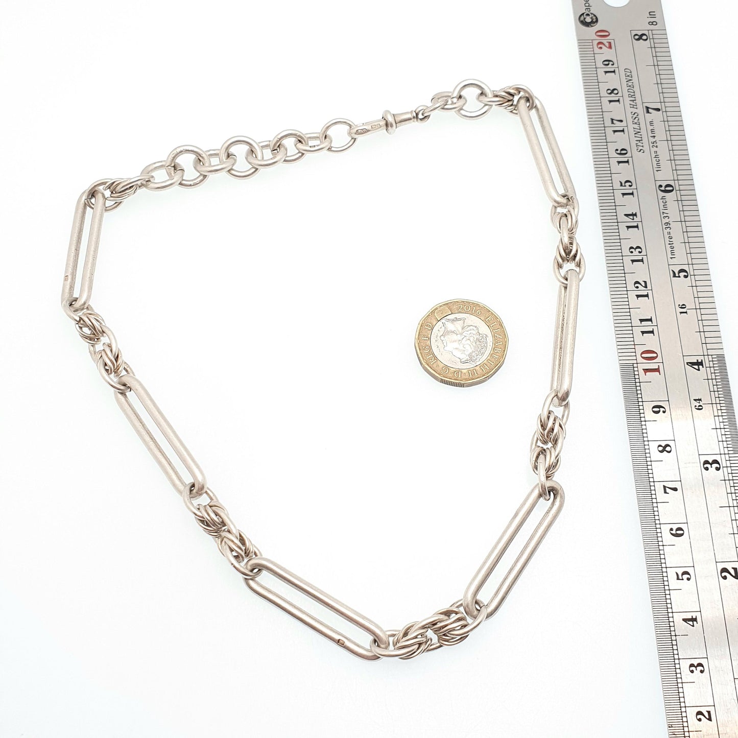 Antique Victorian Sterling Silver Trombone Albert Chain Necklace Staple Knot Link Chunky Large Heavy Dog Clip 63.06g 44cm Long Vintage