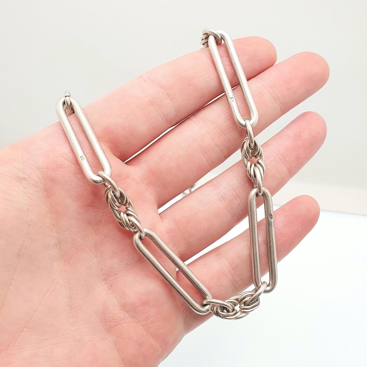 Antique Victorian Sterling Silver Trombone Albert Chain Necklace Staple Knot Link Chunky Large Heavy Dog Clip 63.06g 44cm Long Vintage