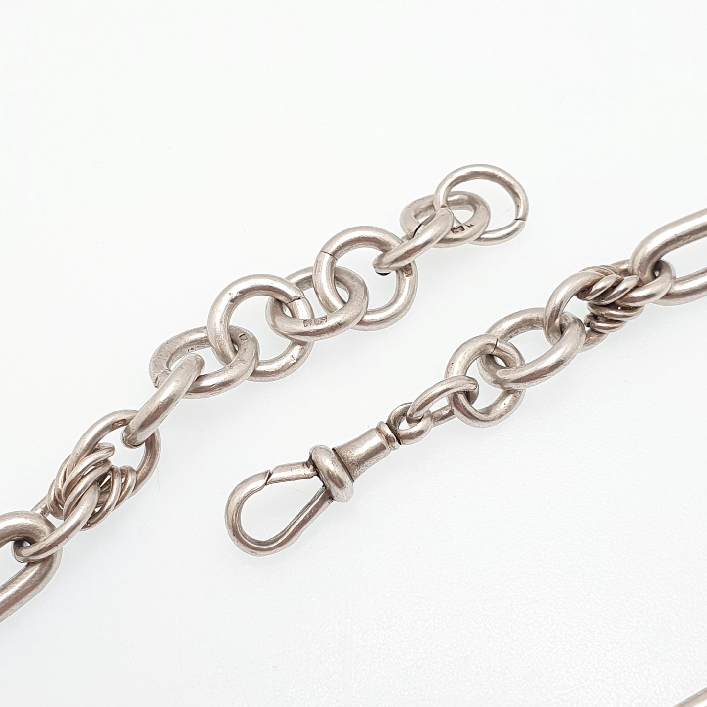 Antique Victorian Sterling Silver Trombone Albert Chain Necklace Staple Knot Link Chunky Large Heavy Dog Clip 63.06g 44cm Long Vintage