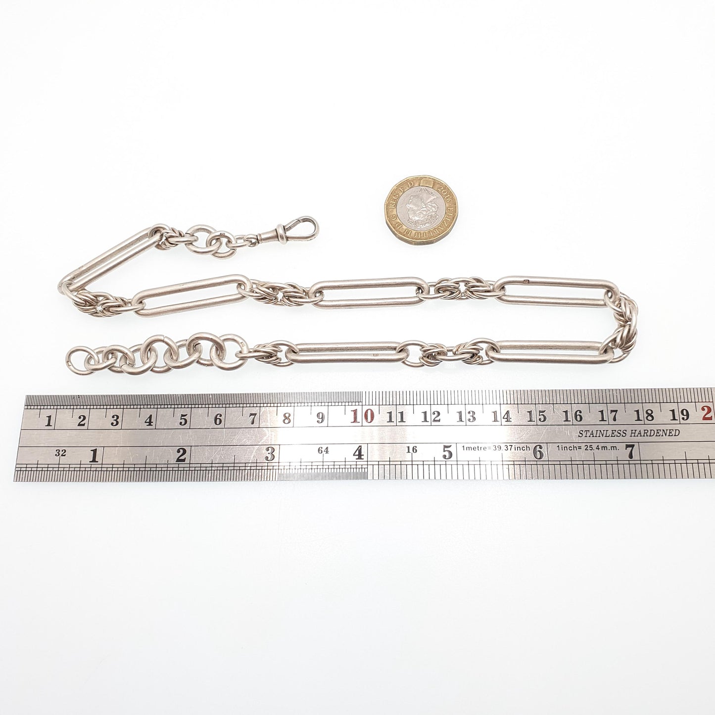 Antique Victorian Sterling Silver Trombone Albert Chain Necklace Staple Knot Link Chunky Large Heavy Dog Clip 63.06g 44cm Long Vintage