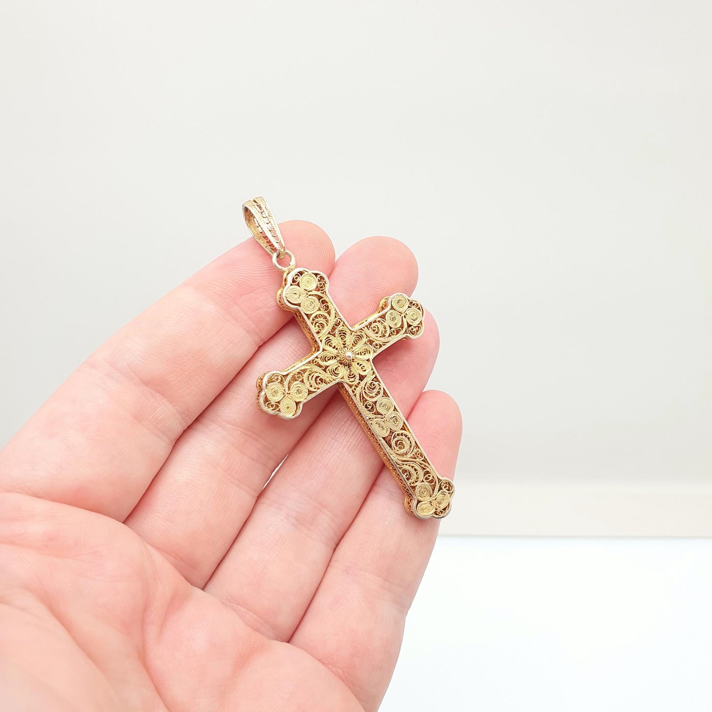 Antique Solid Silver Crucifix Necklace Cross Filigree Pendant Gold Vermeil Victorian Large Big Catholic Christian Jewelry Vintage Jewelry
