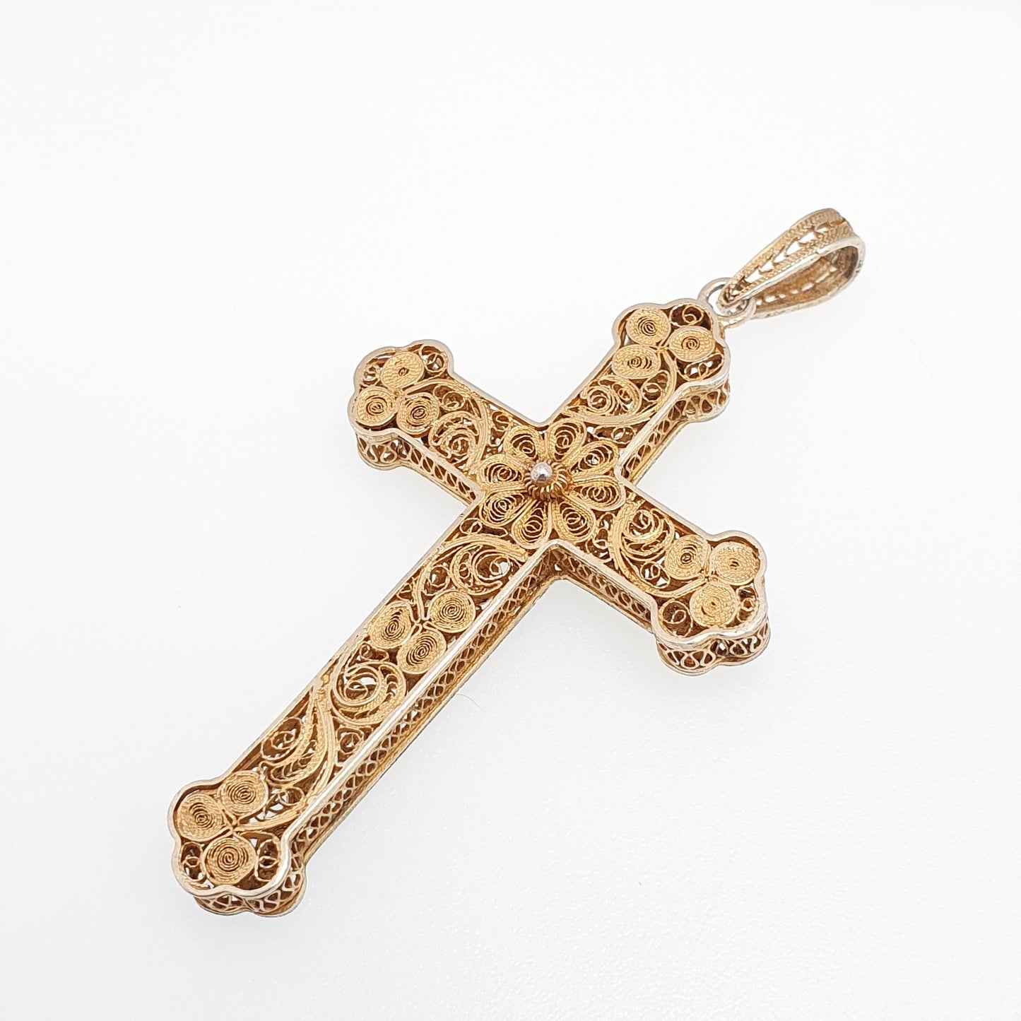 Antique Solid Silver Crucifix Necklace Cross Filigree Pendant Gold Vermeil Victorian Large Big Catholic Christian Jewelry Vintage Jewelry