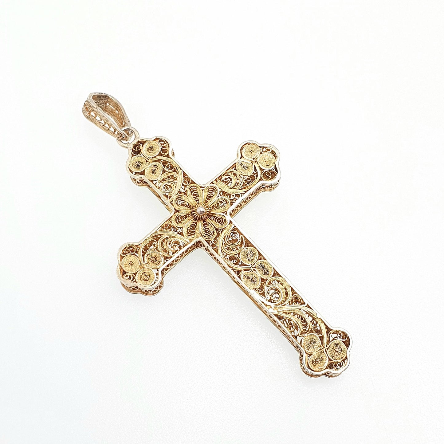 Antique Solid Silver Crucifix Necklace Cross Filigree Pendant Gold Vermeil Victorian Large Big Catholic Christian Jewelry Vintage Jewelry