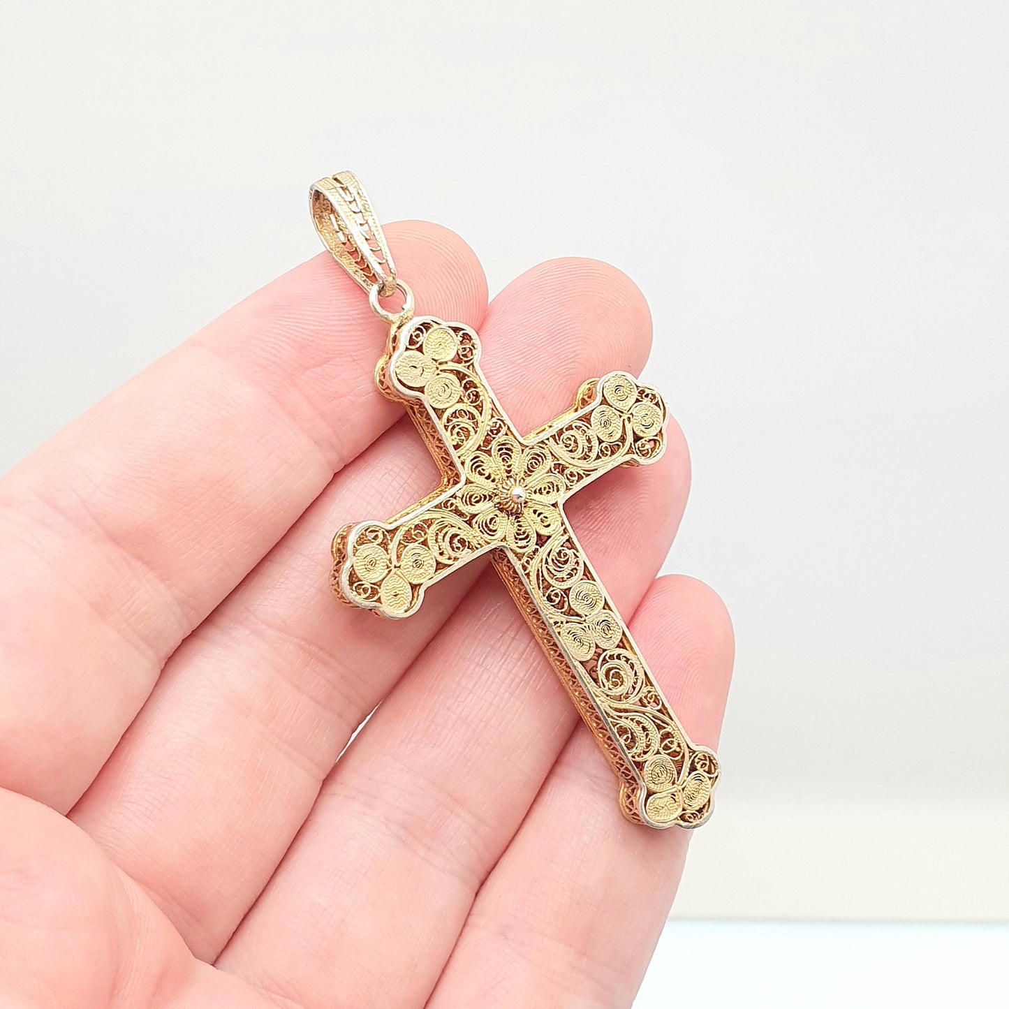Antique Solid Silver Crucifix Necklace Cross Filigree Pendant Gold Vermeil Victorian Large Big Catholic Christian Jewelry Vintage Jewelry