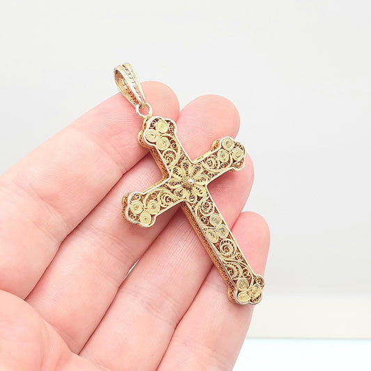 Antique Solid Silver Crucifix Necklace Cross Filigree Pendant Gold Vermeil Victorian Large Big Catholic Christian Jewelry Vintage Jewelry