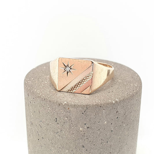 Vintage 9k 9ct Gold Diamond Signet Ring Tri Colour Gold Square Chunky 1989 Hallmark Solid 375 Womens Mens Rings Jewelry Jewellery