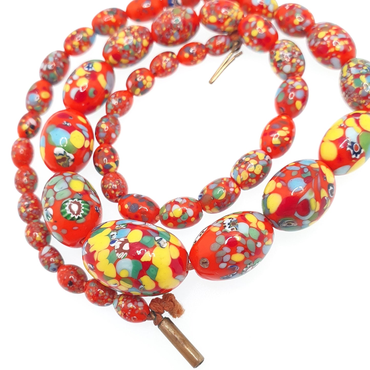 Antique Venetian Murano Glass Bead Necklace Millefiori Pebble Red Orange Dash 1920s 48cm 47.73g Venice Vintage Italian Jewelry Jewellery