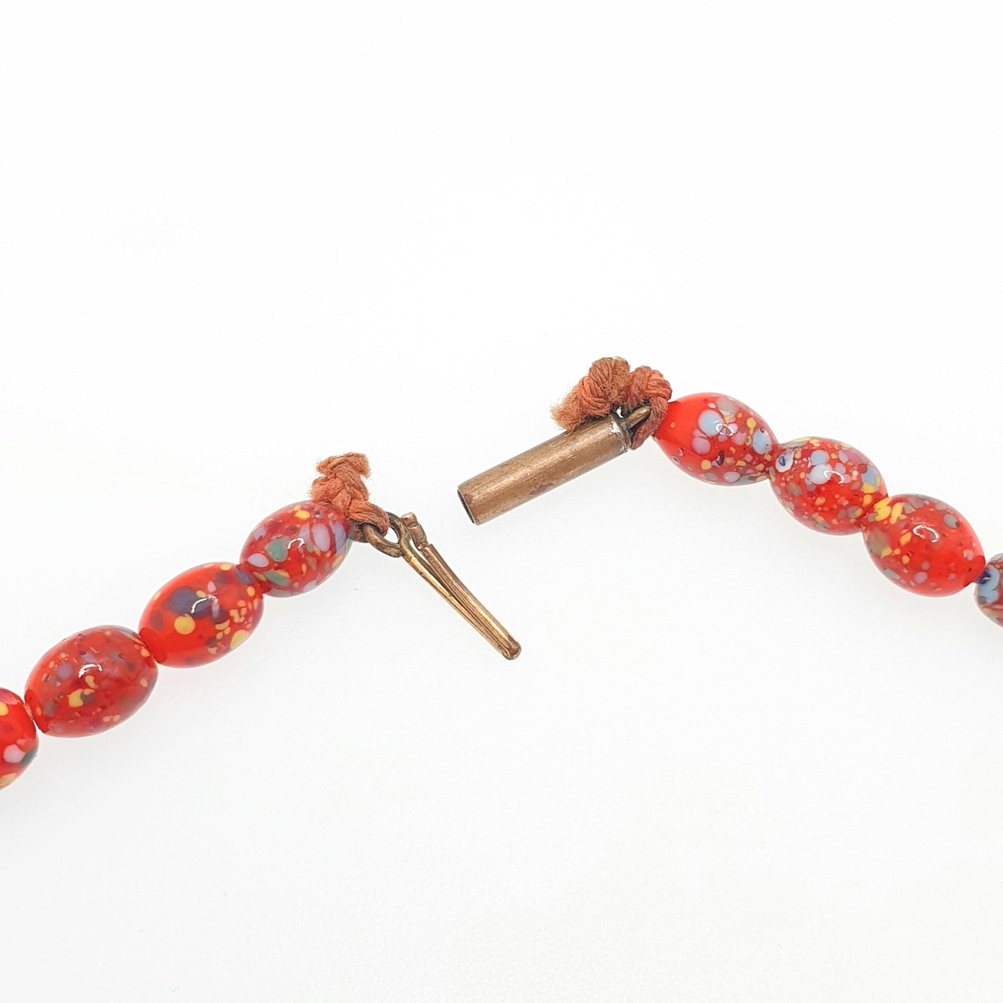 Antique Venetian Murano Glass Bead Necklace Millefiori Pebble Red Orange Dash 1920s 48cm 47.73g Venice Vintage Italian Jewelry Jewellery