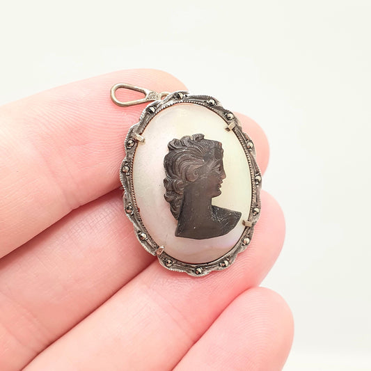 Antique Abalone Cameo Solid Silver Pendant Brooch Necklace Black White Shell Art Deco Marcasite Mother of Pearl Iridescent Womens Jewelry