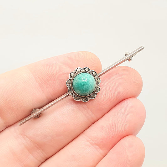 Antique Art Deco Solid Silver Chrysoprase Brooch Marcasite Pin Genuine Gemstone Vintage Flapper 1920s Womens Ladies Jewelry Jewellery