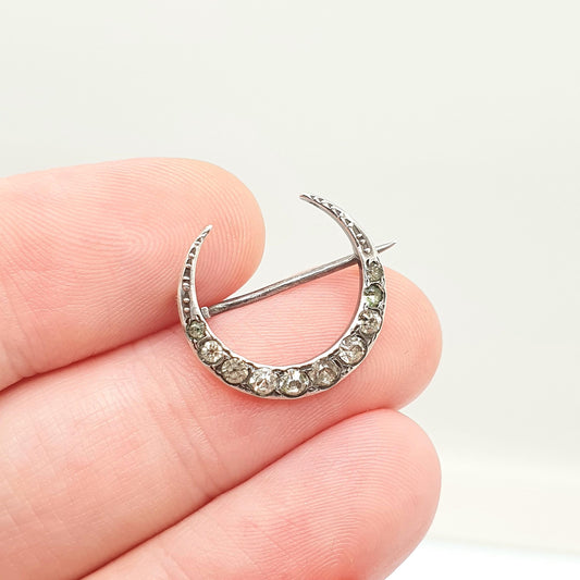 Antique Victorian Sterling Silver Crescent Moon Diamond Paste Brooch Pin Cute Vintage 1800s Gift Unique Celestial Womens Jewelry Jewellery