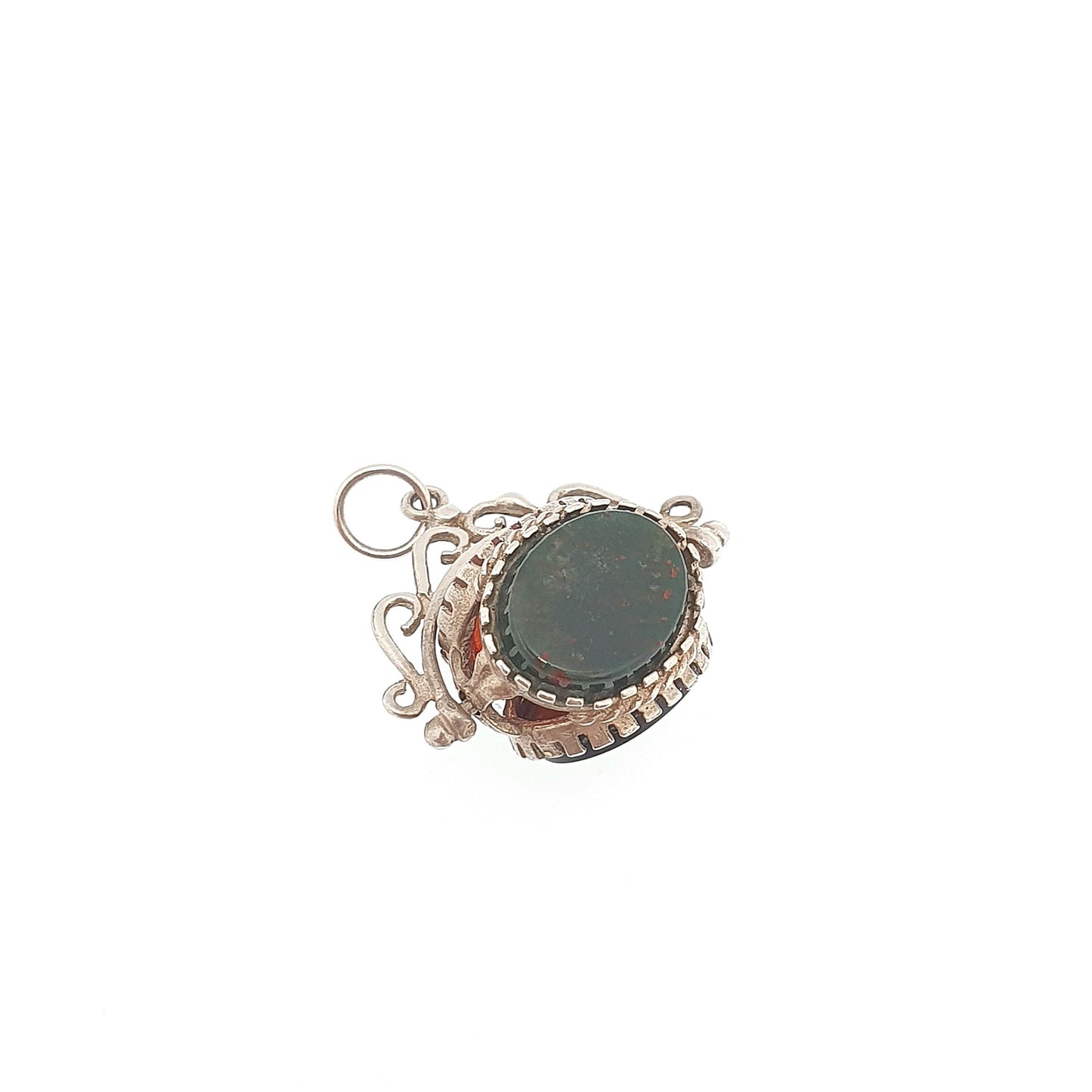 Vintage Sterling Silver Spinner Fob Necklace Pendant Victorian Revival Bloodstone Onyx Carnelian Gemstone Mens Womens Jewelry Jewellery