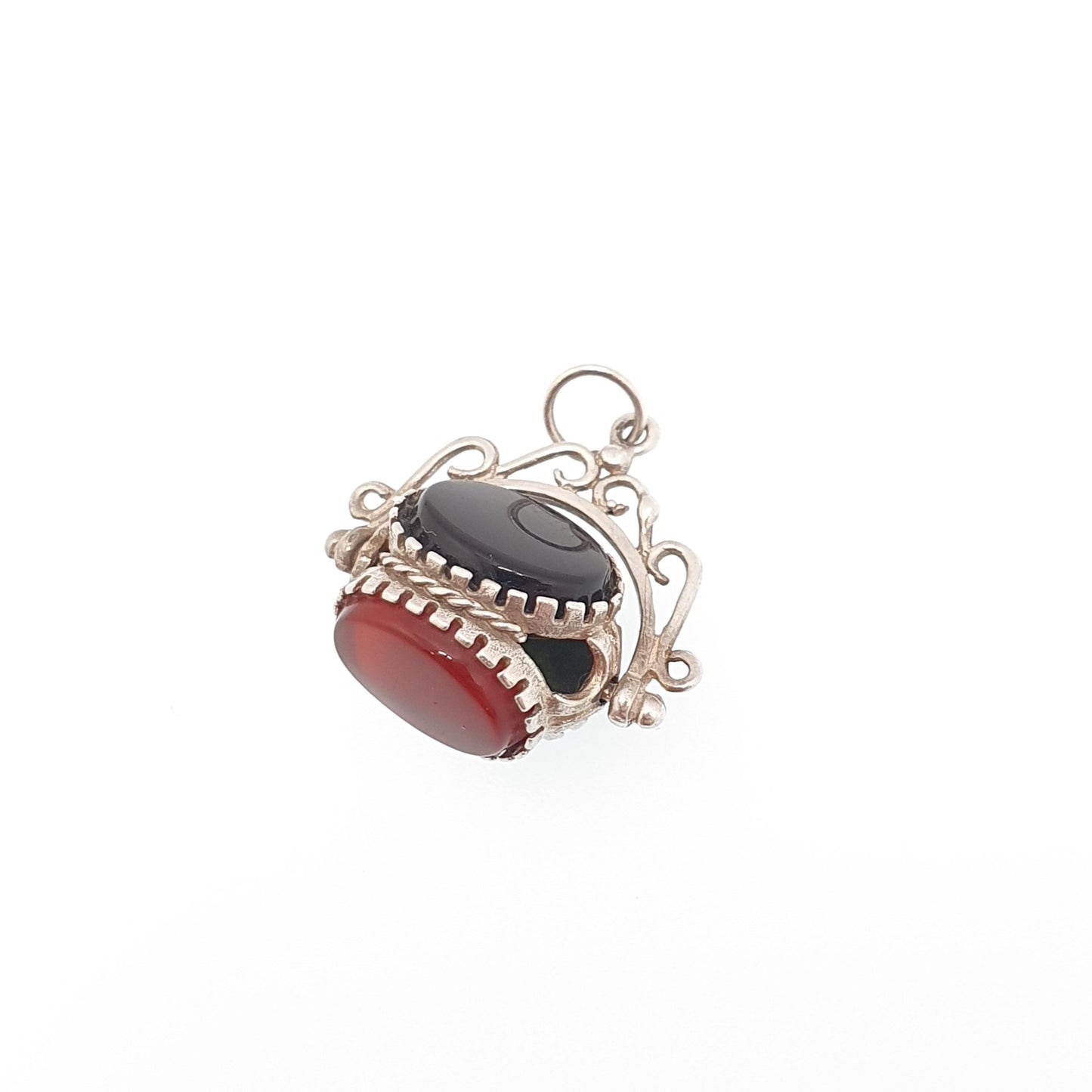 Vintage Sterling Silver Spinner Fob Necklace Pendant Victorian Revival Bloodstone Onyx Carnelian Gemstone Mens Womens Jewelry Jewellery