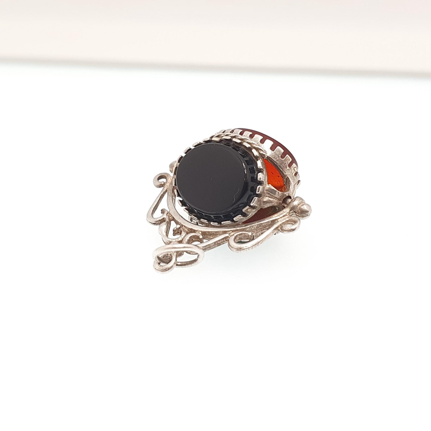 Vintage Sterling Silver Spinner Fob Necklace Pendant Victorian Revival Bloodstone Onyx Carnelian Gemstone Mens Womens Jewelry Jewellery