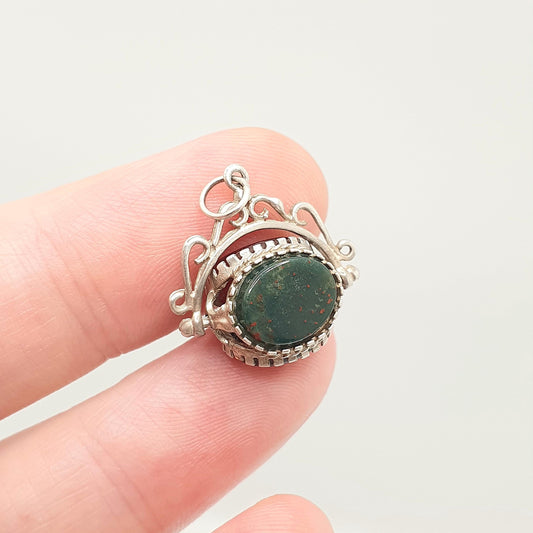 Vintage Sterling Silver Spinner Fob Necklace Pendant Victorian Revival Bloodstone Onyx Carnelian Gemstone Mens Womens Jewelry Jewellery