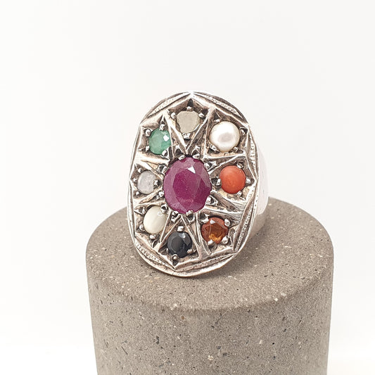 Vintage Sterling Silver Navaratna Ring Multi Gemstone Ruby Emerald Sapphire Thai Thailand Ratnas Topaz Citrine Large Cluster Vintage Jewelry