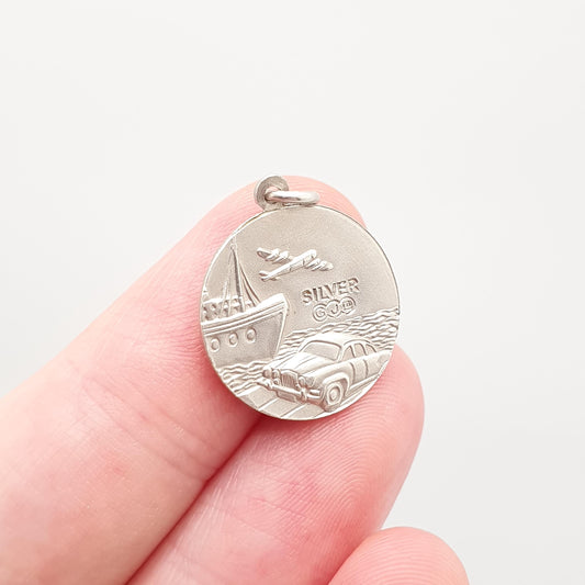 GEORG JENSEN Vintage Sterling Silver St Christopher Pendant Necklace Small Plane Car Double Sided Genuine Saint Jewellery Jewelry Women