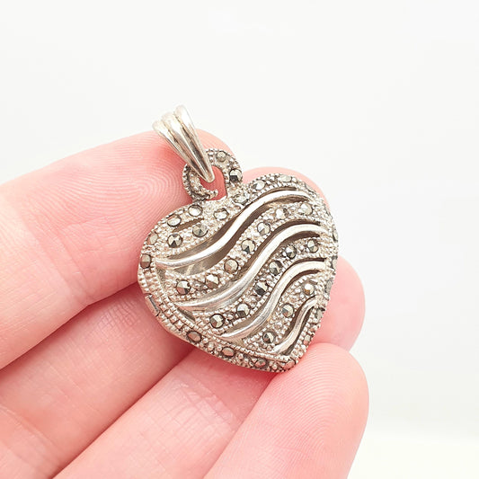 Vintage Sterling Silver Marcasite Heart Locket Necklace Pendant Open Pierced Pattern Solid 925 Picture Photo Pointed Jewelry Retro Jewellery