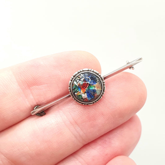 Antique Solid Silver Foiled Opal Glass Brooch Multi Coloured Bar Pin Tutti Fruitti Ladies Round Circle Womens Vintage Jewelry Jewellery