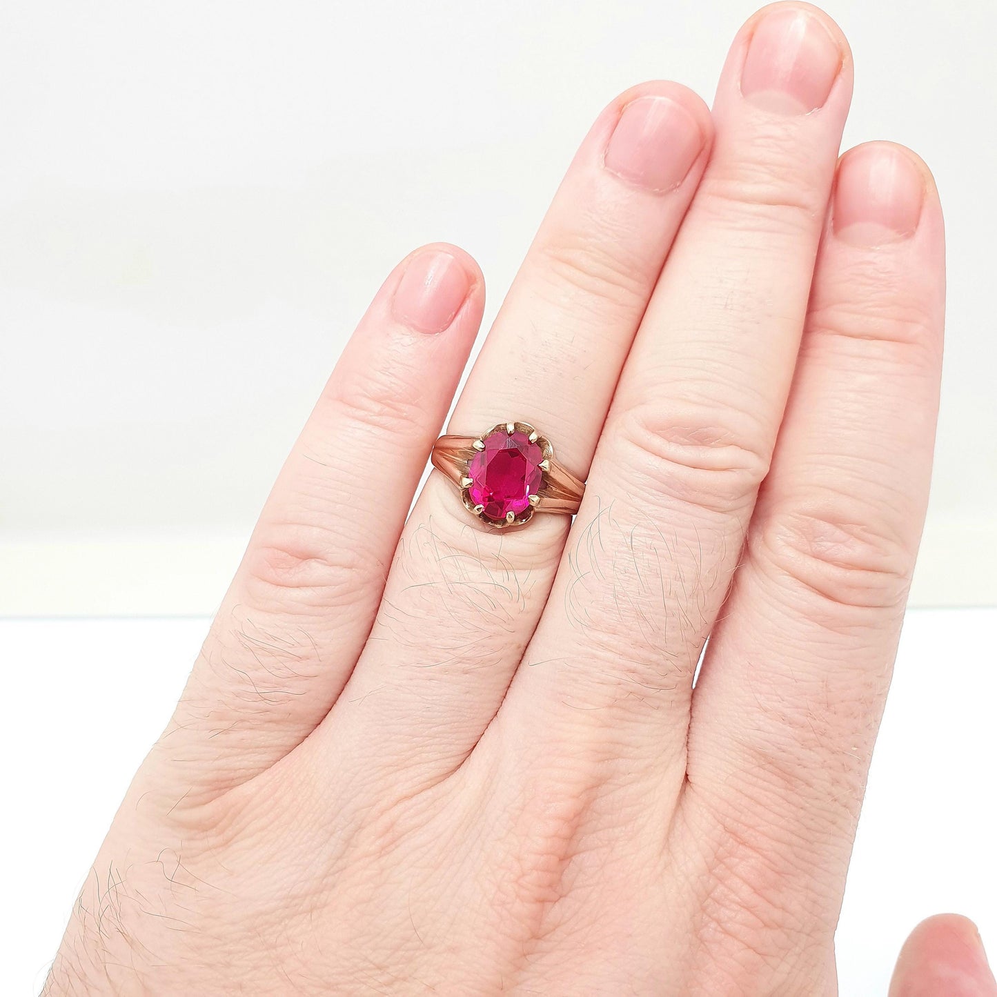 Antique 9ct Gold Ruby Ring 1913 Hallmark Genuine Gemstone Solid 9k 9kt Gypsy Oval Cut Big Large Solitaire Vintage Womens Jewellery Jewerly