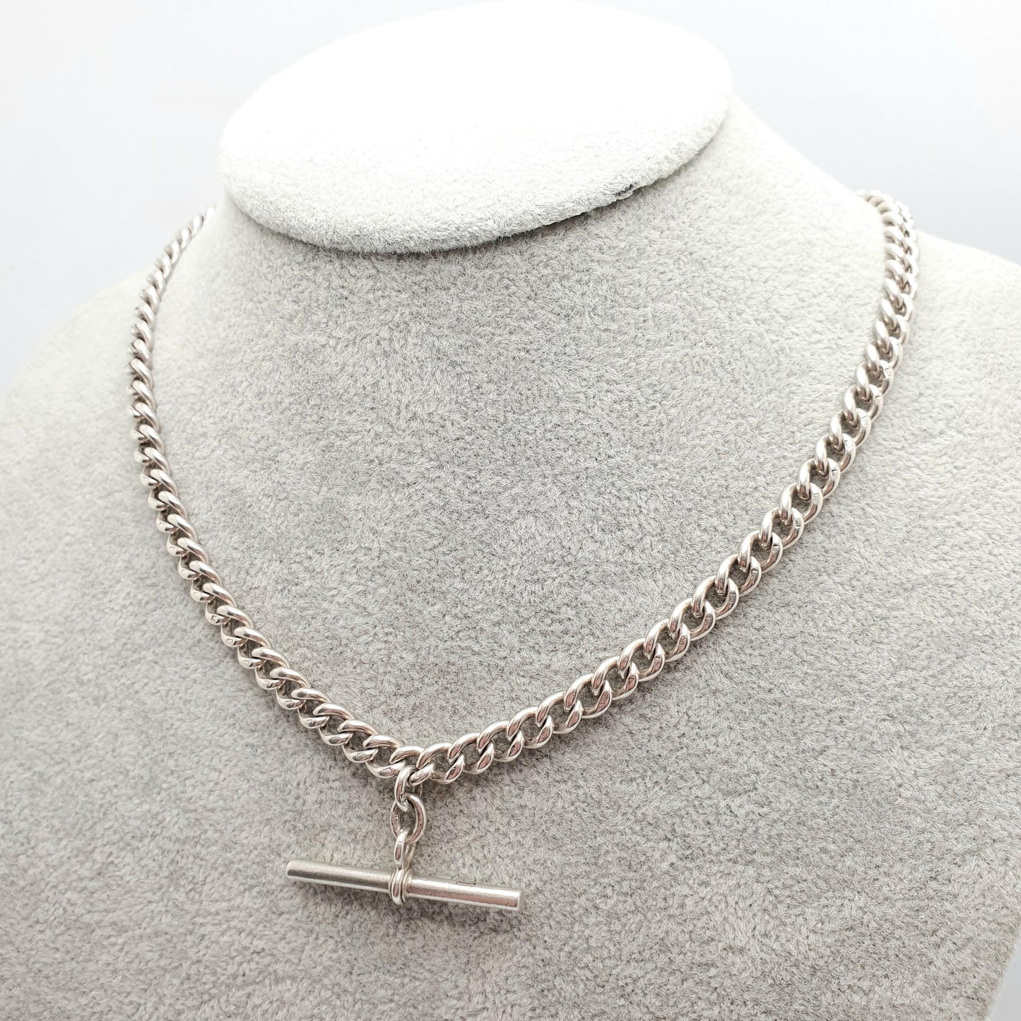 Antique Victorian Sterling Silver Albert Chain T Bar Necklace Curb Link Dog Clip 43cm 17" 41.58g 1916 Hallmark Vintage Jewelry Womens