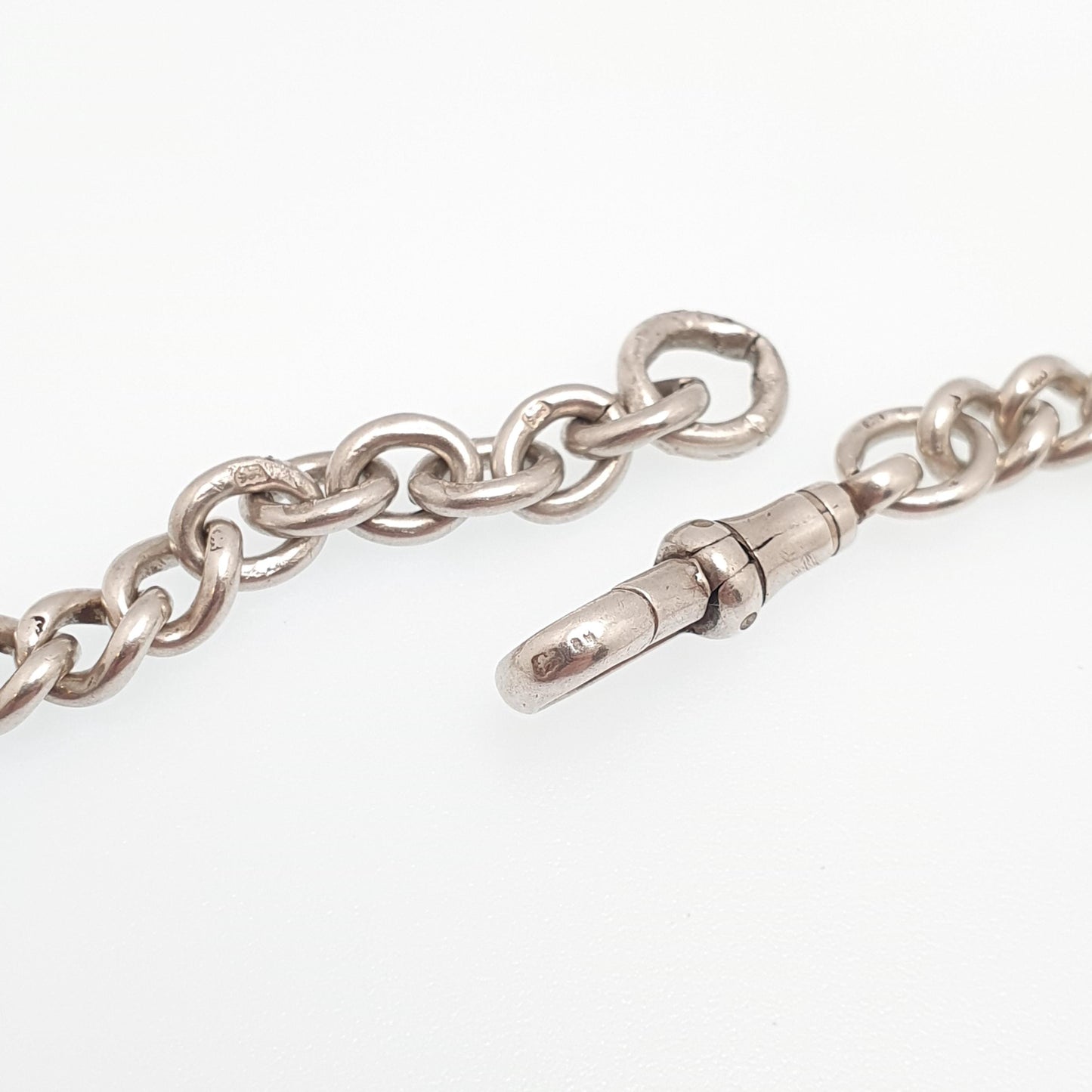 Antique Victorian Sterling Silver Albert Chain T Bar Necklace Curb Link Dog Clip 43cm 17" 41.58g 1916 Hallmark Vintage Jewelry Womens