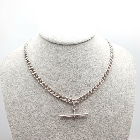 Antique Victorian Sterling Silver Albert Chain T Bar Necklace Curb Link Dog Clip 43cm 17" 41.58g 1916 Hallmark Vintage Jewelry Womens