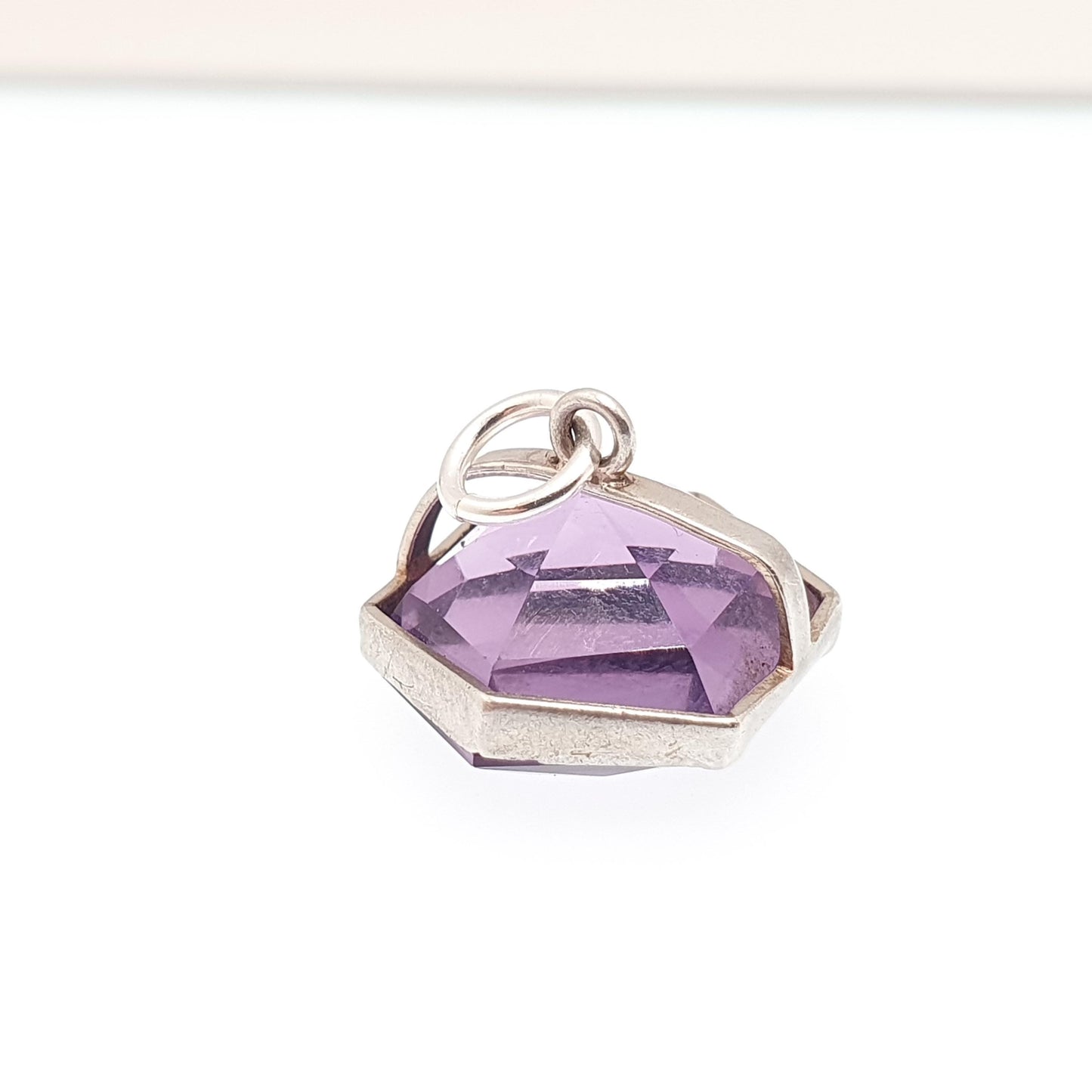 Antique Victorian Solid Silver Natural Amethyst Charm Pendant Necklace Old Button Hexagon Cut Genuine Gemstone Vintage Jewellery Jewelry