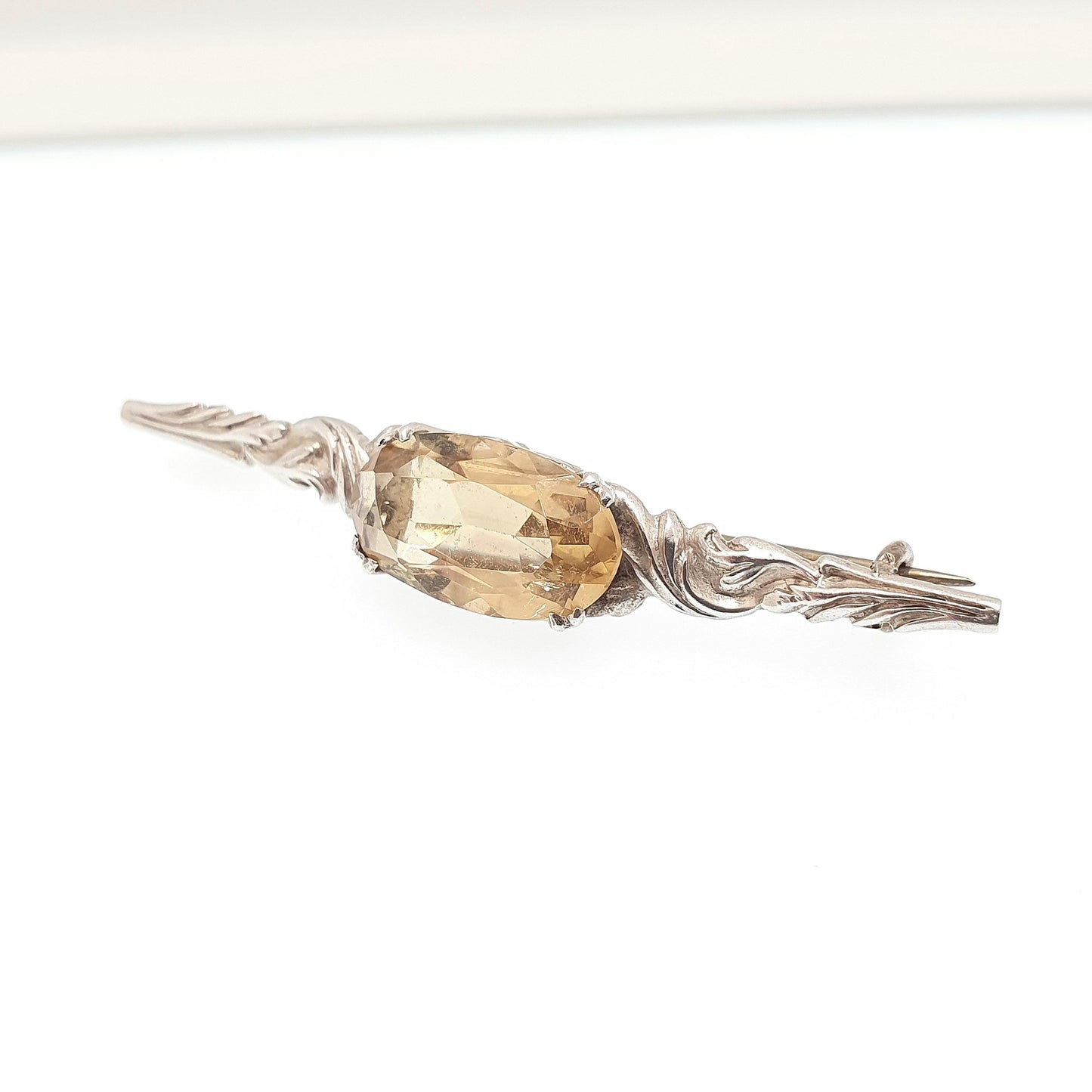Antique Solid Silver Citrine Brooch Gemstone Art Nouveau Oval Cut Orange Quartz Pin Vintage Gemstone 1900s Ladies Womens Jewelry Jewellery