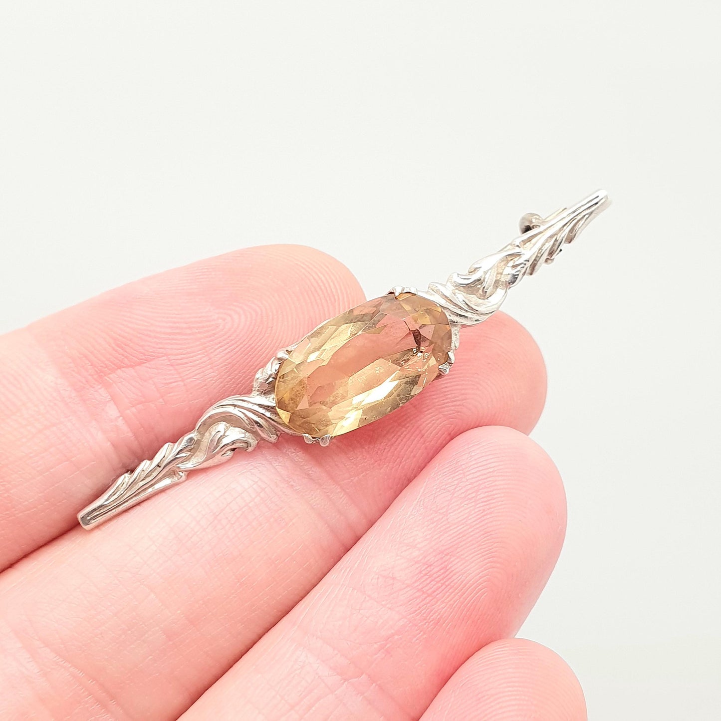 Antique Solid Silver Citrine Brooch Gemstone Art Nouveau Oval Cut Orange Quartz Pin Vintage Gemstone 1900s Ladies Womens Jewelry Jewellery