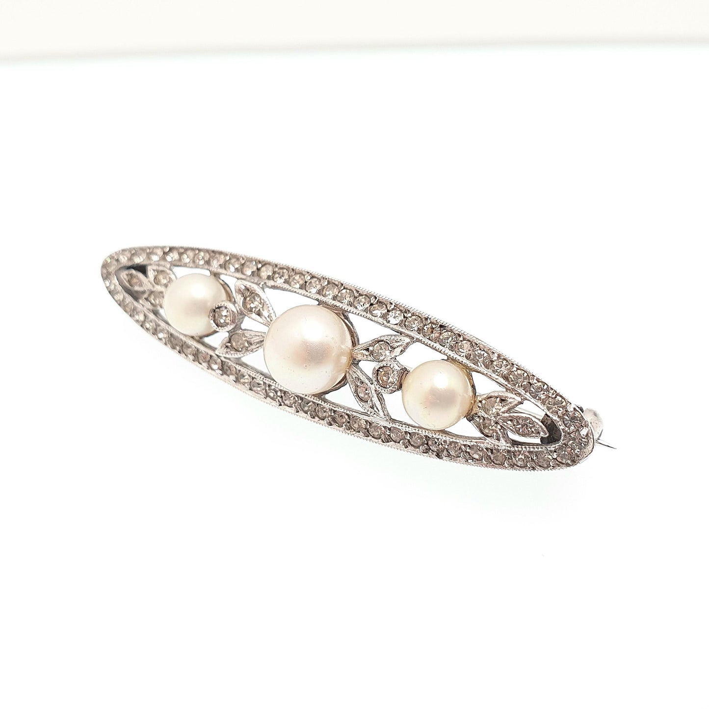Antique Sterling Silver Diamond Paste Brooch Cultured Pearl Genuine Art Deco 1920s Sparkly Flapper Statement 925 Womens Jewellery Jewelry