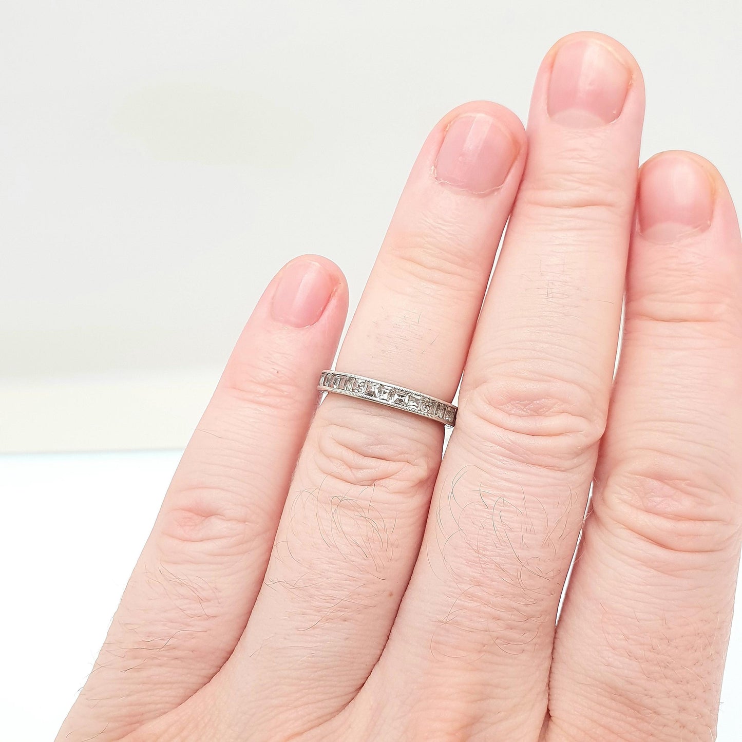 Antique Solid Silver White Sapphire Eternity Ring Genuine Gemstone Channel Cut Art Deco Full Band Vintage Womens Jewelry Jewellery