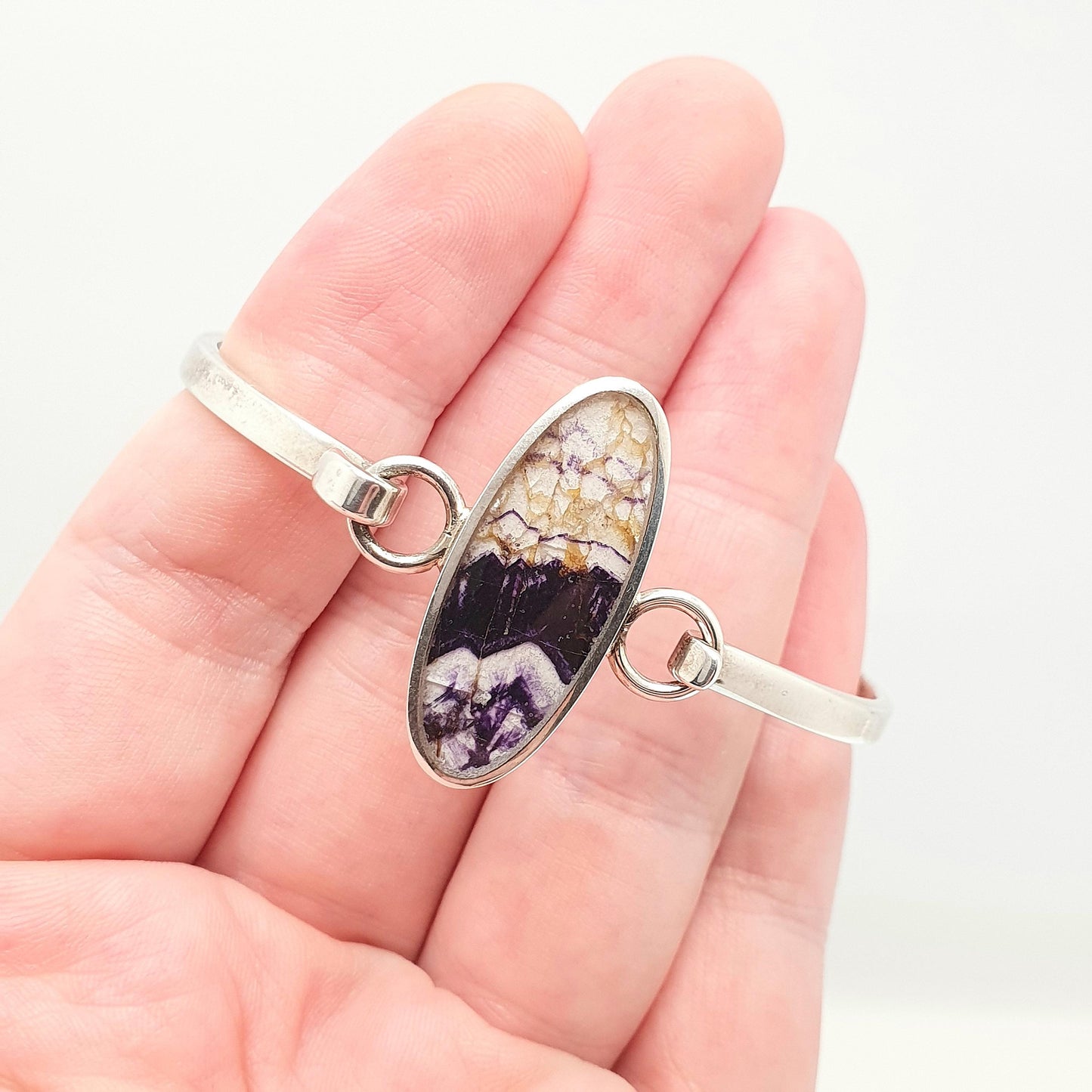 Retro Sterling Silver Blue John Bangle Bracelet Bleu Jaune Rare Heavy 18.25g Large Big Purple Vintage Womens Jewelry Retro Jewellery